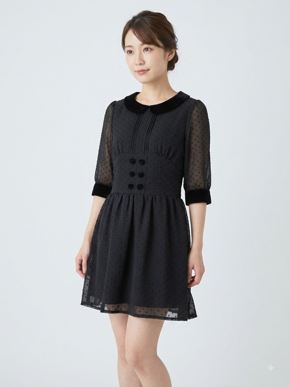 Axes Femme Black Velvet Mini Dress M/S Collar Gothic Lolita Coquette Sheer Dot